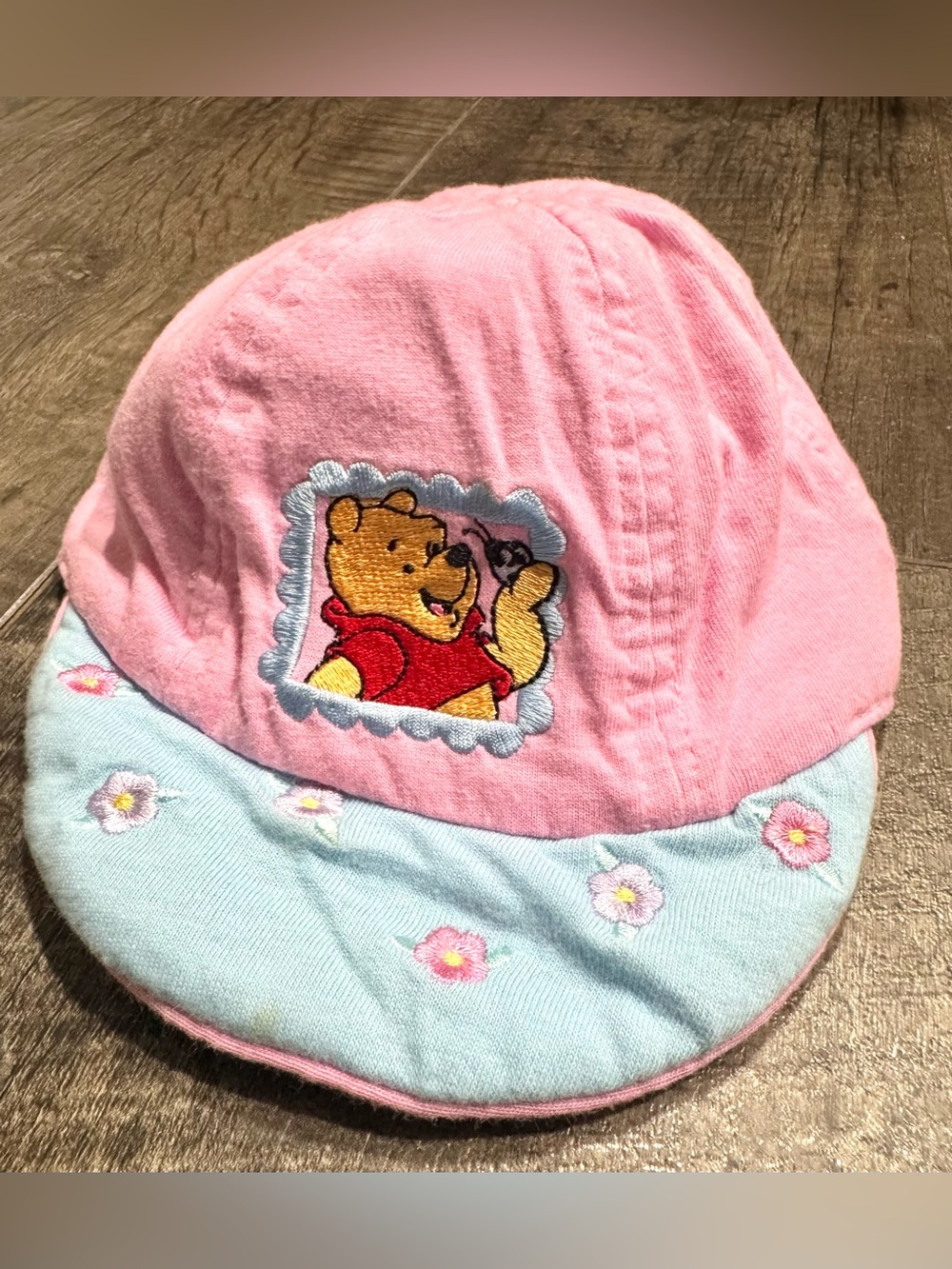Vintage Baby Winnie the Pooh Pink & Blue Hat with Flowers Y2K 100% Cotton